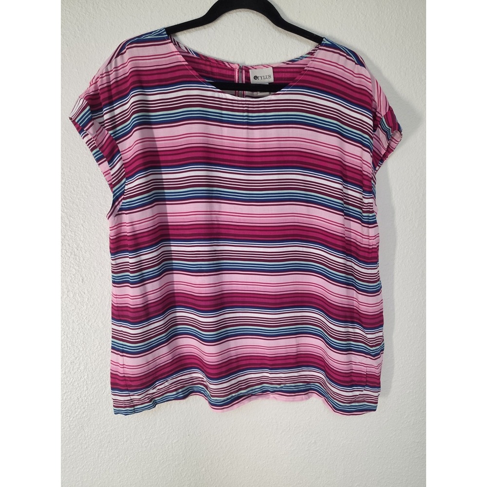 NWT STYLUS Blouse XL Striped Pink Blue White Short Sleeve Round Neck Top Shirt